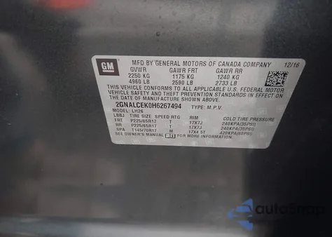 2017 Chevrolet Equinox Lt z USA, uszkodzony, nr VIN 2GNALCEK0H6267494